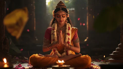 Devotional woman in temple glow holds meditative prayer pose.