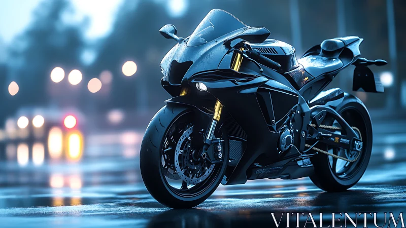 Modern sport motorcycle is parked on wet urban roadway