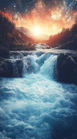 Spectral waterfall cascades beneath hyper-saturated nebula sky