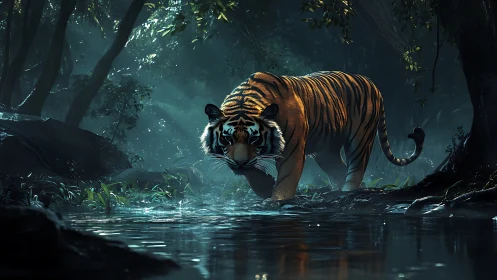 Digital painting of stalking tiger in nocturnal jungle stream.