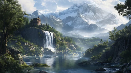 Mountain temple above roaring waterfall and misty lake.