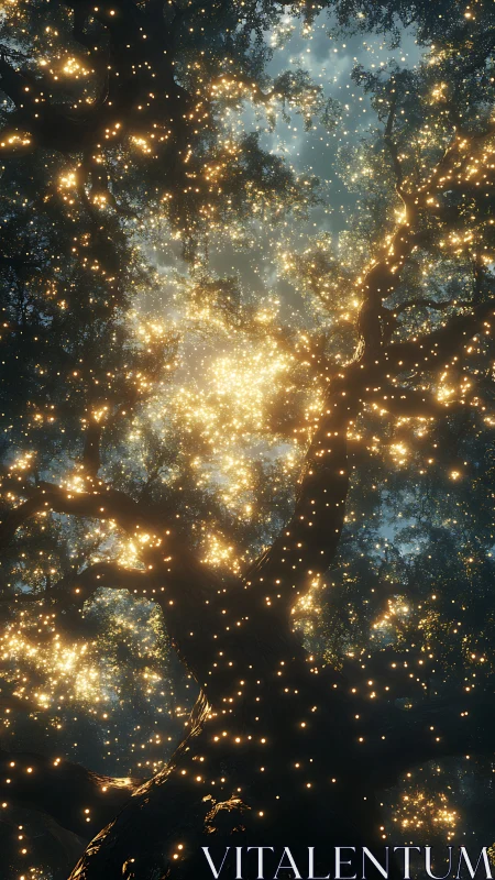 Glowing tree canopy with dense golden light particles.