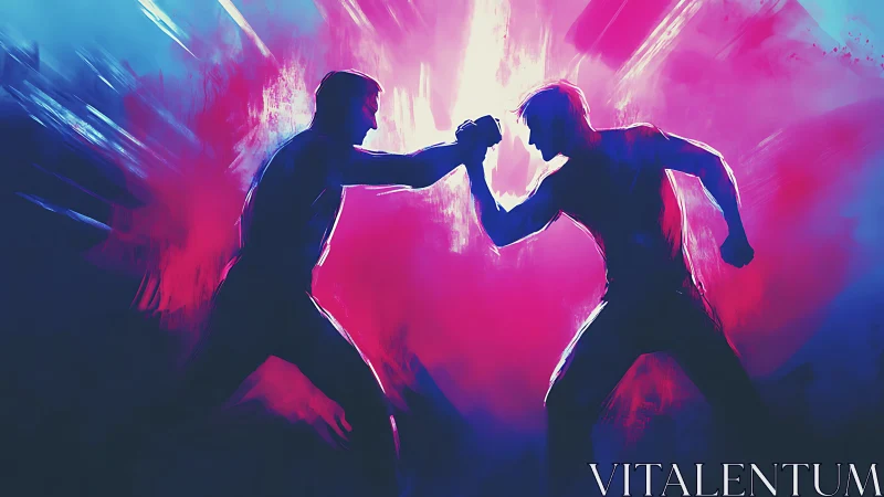 Silhouetted figures engaged in combat against luminescent backdrop.