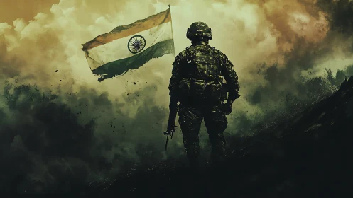 Backlit Indian soldier silhouette facing flag amid atmospheric haze