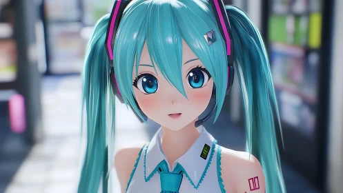 Neon twin-tailed idol glows in a sunlit digital arcade.