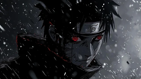 Brooding ninja portrait under stormy snowfall with red gaze