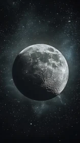 Luminous crescent moon hangs in a star‑filled cosmic void.