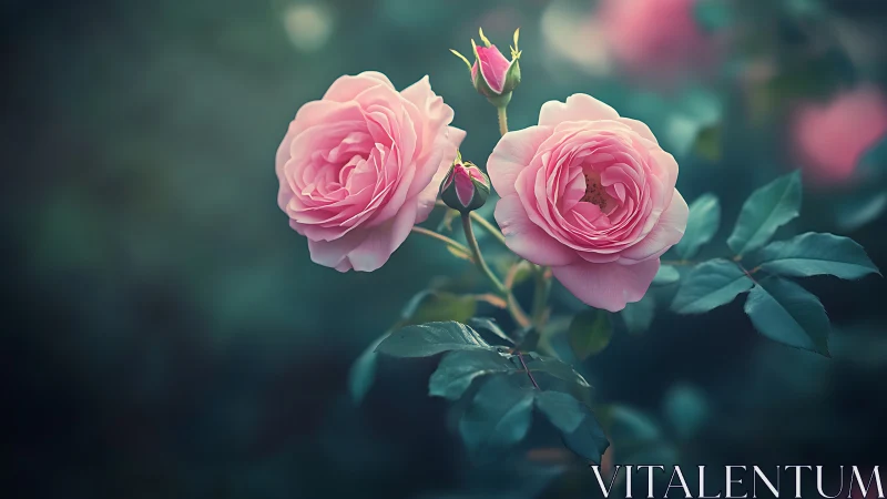 Garden Roses in Soft Focus: Pink Florals Against Teal Background