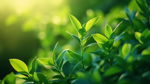 Sunlit Green Leaves Close-Up in Soft Natural Light Photography.