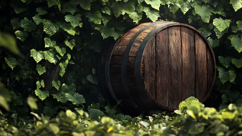 Rustic wooden barrel nestled in verdant ivy growth.