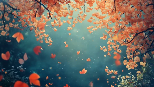 Autumn blossoms swirling above dreamy teal forest glade.