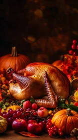 Roast turkey sits on autumn table with pumpkins and fruit