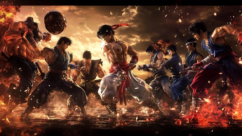 Central martial artist confronts encircling warriors in blazing arena