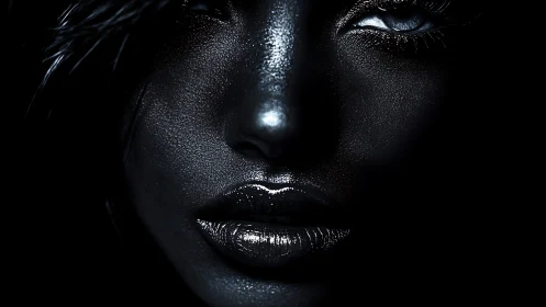 Iridescent metallic portrait isolates facial micro-textures in shadow