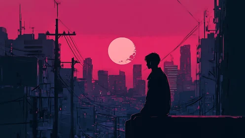 Silhouetted figure watches neon city sunset in magenta haze.