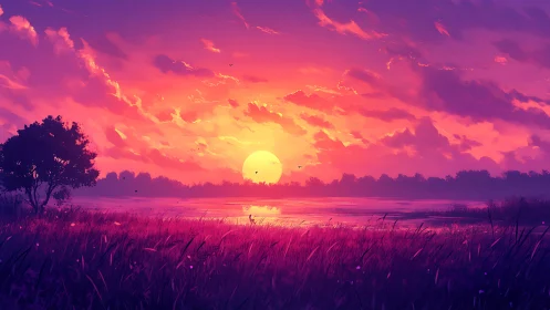 Neon dusk sun melting over violet rivergrass horizon.