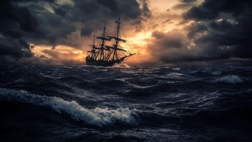 Storm-tossed tall ship under fiery sunset skies at sea.