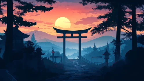 Soft sunrise over tranquil torii gate and misty hills.