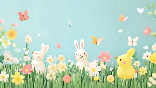 Playful meadow bunnies share a sunny day among soft blooms