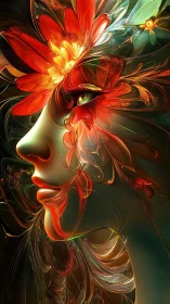 Female profile merged with layered red and yellow flowers.