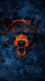 Neon orange roaring bear head on distressed indigo texture