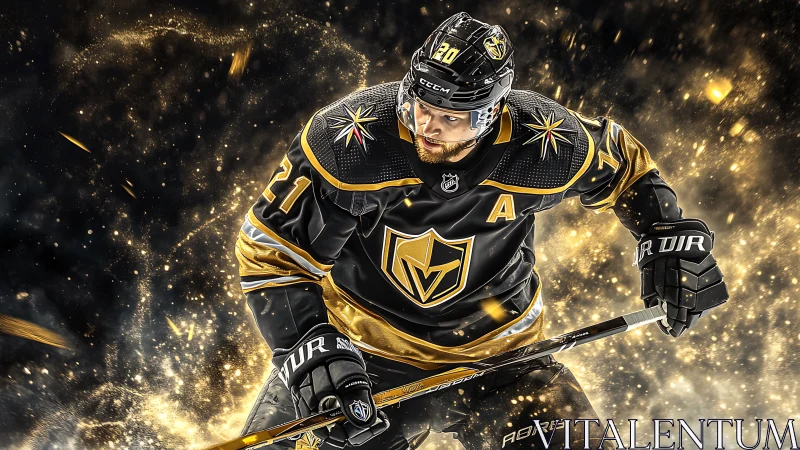 Golden ice hockey star gliding through a storm of light.