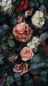 Layered floral arrangement with roses, white blooms and eucalyptus foliage