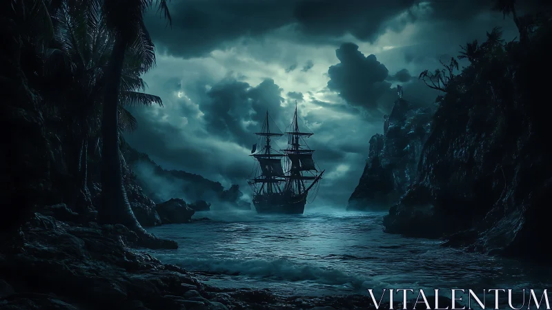 Pirate Ship in Tropical Cove at Storm.