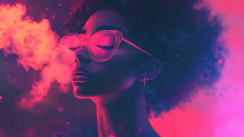 Neon-lit female portrait merges vapor textures and cosmic glow
