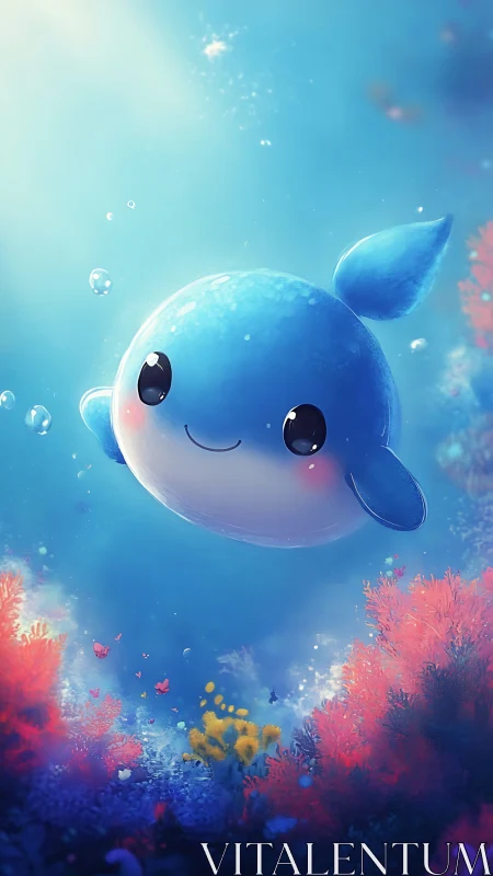 Cute blue whale drifts above glowing coral reef garden