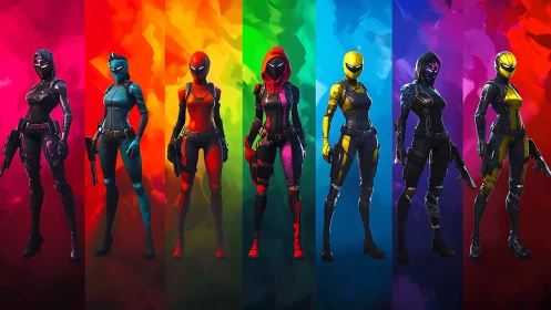 Neon-clad futuristic warriors stand under bold rainbow lights.