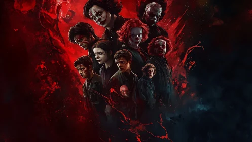 Crimson nightmare gathering with haunted faces and courage.