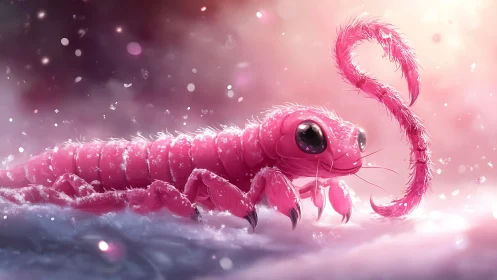 Pink fantasy centipede with large eyes in soft snowfall.