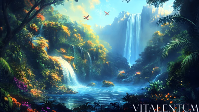 Luminous tropical waterfall basin with volumetric light scattering