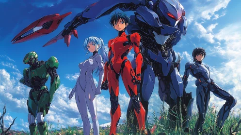 Mecha pilots stand amid wildfield under vivid azure sky.