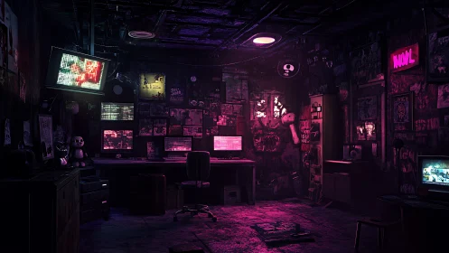 Neon-soaked hacker den with glitching surveillance screens.