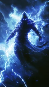 Hooded spectral figure framed in blue lightning storm.