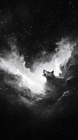 Celestial wolf spirit rises in luminous monochrome nebula