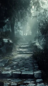Misty Stone Path Through Ancient Forest.