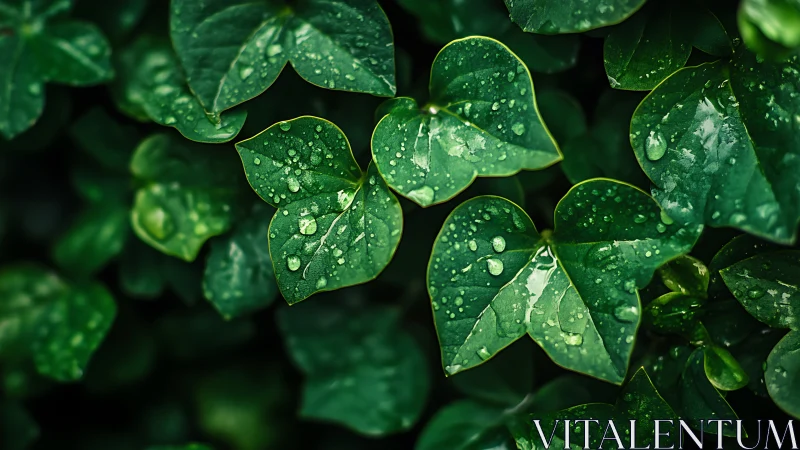Close-up study of wet green leaves after recent rainfall.