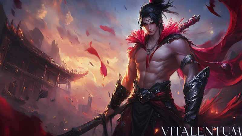 Warrior with crimson cloak in ruined temple battlefield scene.