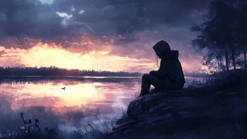 Solitary hooded figure by a lake at rainy sunset.