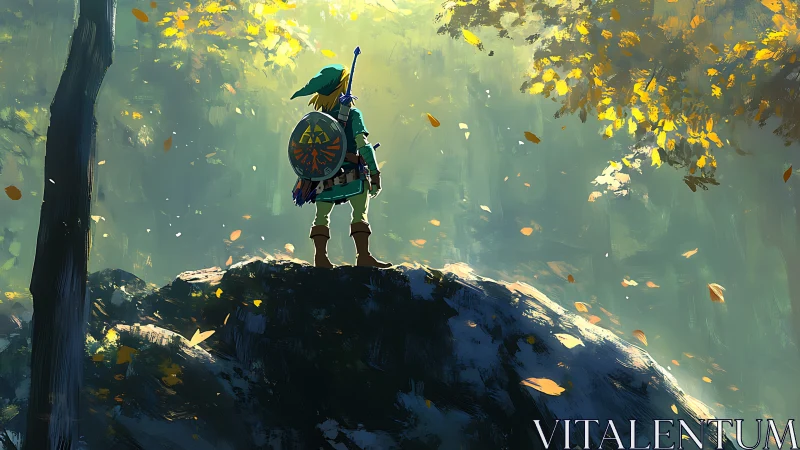 Heroic figure surveys sunlit forest plateau in autumn light.