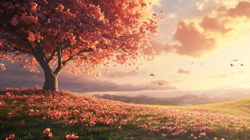 Cherry blossom tree overlooks sunlit field at sunset