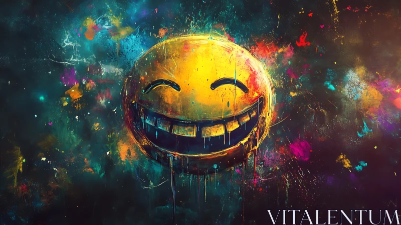 Smiling yellow emoticon face painted in vivid dripping colors