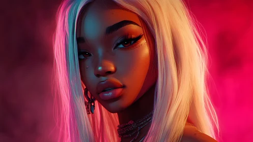 Neon-lit stylized portrait with pink rim light and soft bokeh backdrop