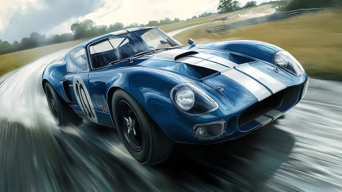Blue racing coupe moves along wet track in dynamic view