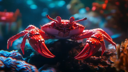 Curious red crab explores a glowing, colorful coral reef