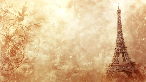 Eiffel Tower illustration on textured sepia background.