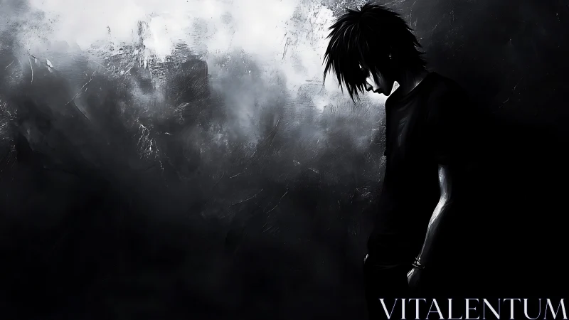 Shadowed loner drifts through stormlit monochrome silence.